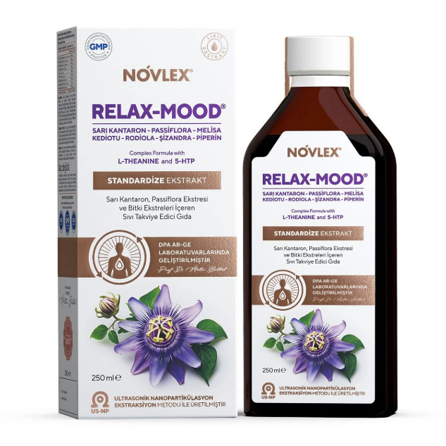 Novlex Relax-Mood Sarı Kantaron (St. John’s Wort), Passiflora, Kediotu (Valerian), Melisa, L-Teanin, 5-HTP, Rhodiola, Şizandra ve Piperin Ekstraktı (Ekstresi) 250ml