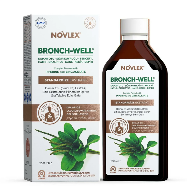 Novlex Bronch Well Damar Otu, Sığır Kuyruğu, Okaliptüs, Hatmi, Kekik, Tıbbi Nane, Zencefil Ekstraktı (Ekstresi) ve Demir, Çinko 250ml